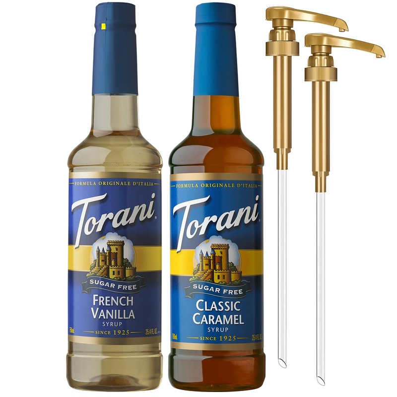 Torani Sugar Free Classic Caramel Syrup And Sugar Free French Vanilla Syrup Variety 2-Pack, Coffee Syrups For Drinks, Pumps Incl