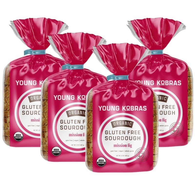 Young Kobras Organic, Gluten-Free Fig Sourdough Bread 22Oz (4-Pack) – Allergen Friendly, Vegan, Gum-Free, Simple Ingredients & M