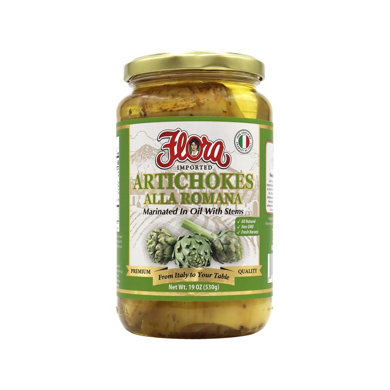 Flora Foods Artichokes Alla Romana | Marinated In Oil With Stems | 19 Oz (530G) | Imported From Italy, All Natural, Non Gmo, Fre