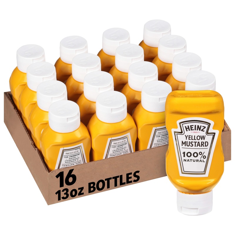 Heinz 100% Natural Yellow Mustard (Forever Full, Inverted, No Seal To Peel, 16 Ct Casepack, 13 Oz Bottles)