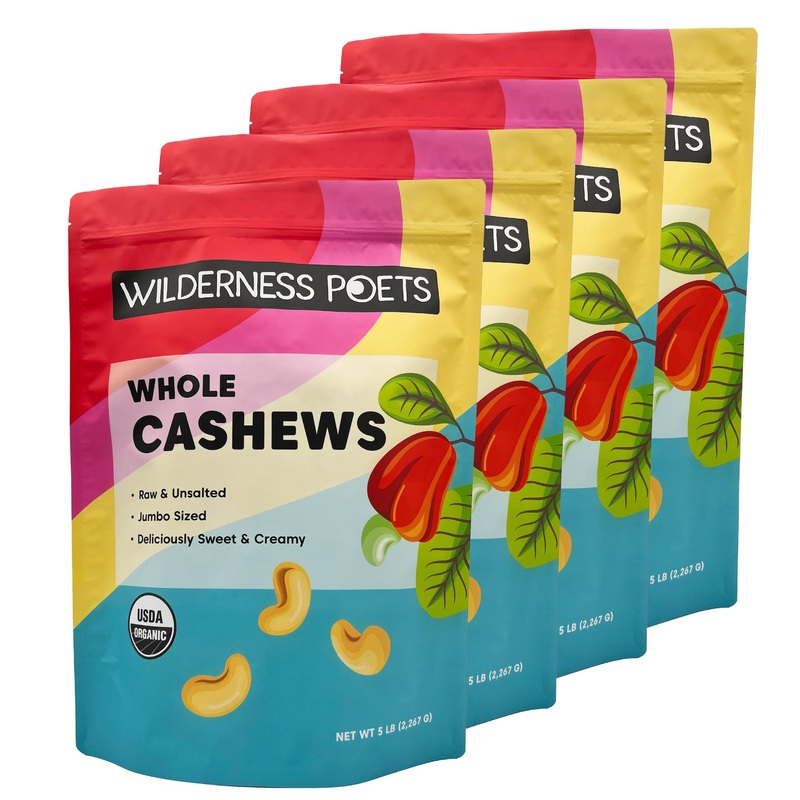Wilderness Poets, Organic Jumbo Cashews – Raw, Unsalted, Whole Nuts – 5 Pound (Pack Of 4)
