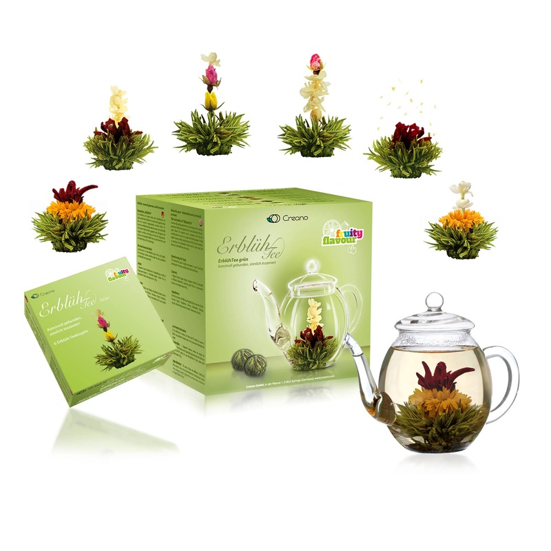 Creano Blooming Tea Gift Set With Glass Teapot 17Oz (500Ml) – Green Tea Fruity Flavoured Tea Flowers In 6 Varieties – Flowering