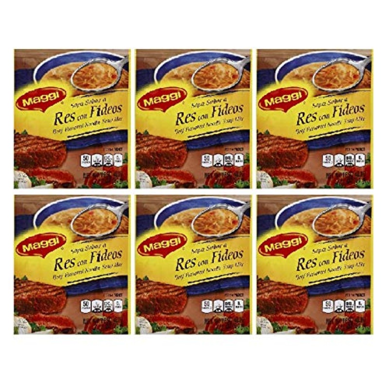 Maggi Sopa Sabor A Res Con Fideos 6 Pack 60 Gr. C/U | Beef Flavored Noodle Soup Mix 6 Pack 2.11 Oz. Each.