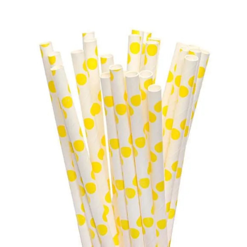 Paper 7.75-Inch Drinking Straws – Yellow Polka Dots: 25-Piece Pack