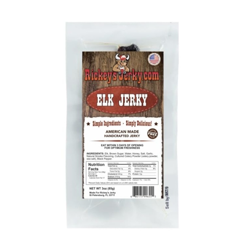 Rickey’S Jerky, Elk, 100% Made From Solid Strips Of Exotic Wild Game Jerky, All Natural Meat, High Protein Snack, Keto Friendly,