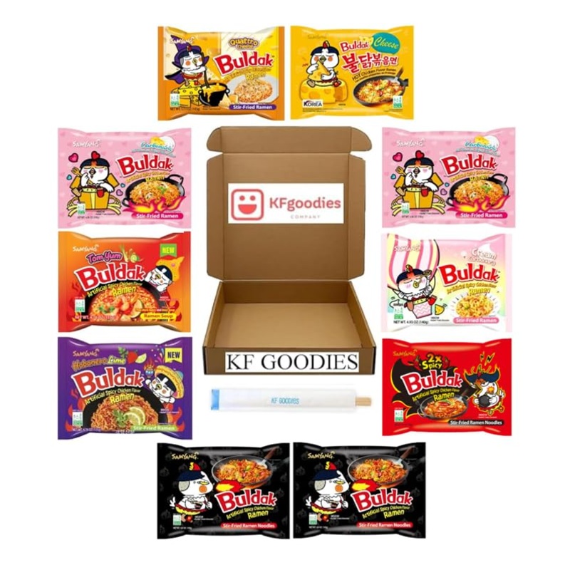Samyang Buldak Hot Spicy Chicken Ramen Noodle Korean Stir-Fried Ramen (10, 2 Original Spicy, 2 Carbonara, 1 Cheese, 1 Cream Carb