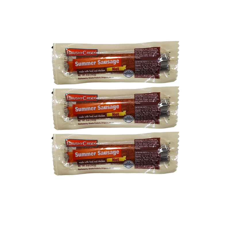 Brushy Creek Summer Sausage, Hot Flavor, 5oz – 3 Pack, Perfect for Snacking, BBQs & Parties, Savory Meat Treat