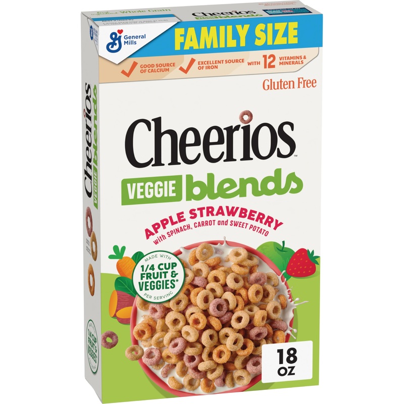 Cheerios Veggie Blends Breakfast Cereal, Apple Strawberry, Made With Fruits And Veggies, Family Size, 18 Oz