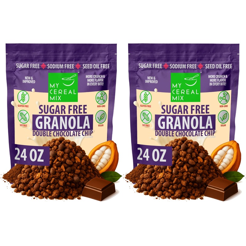 Mycerealmix Sugar Free Double Chocolate Chip Granola – 2 Pack (48Oz Total) – Vegan, Gluten Free – Diabetic Friendly Granola For