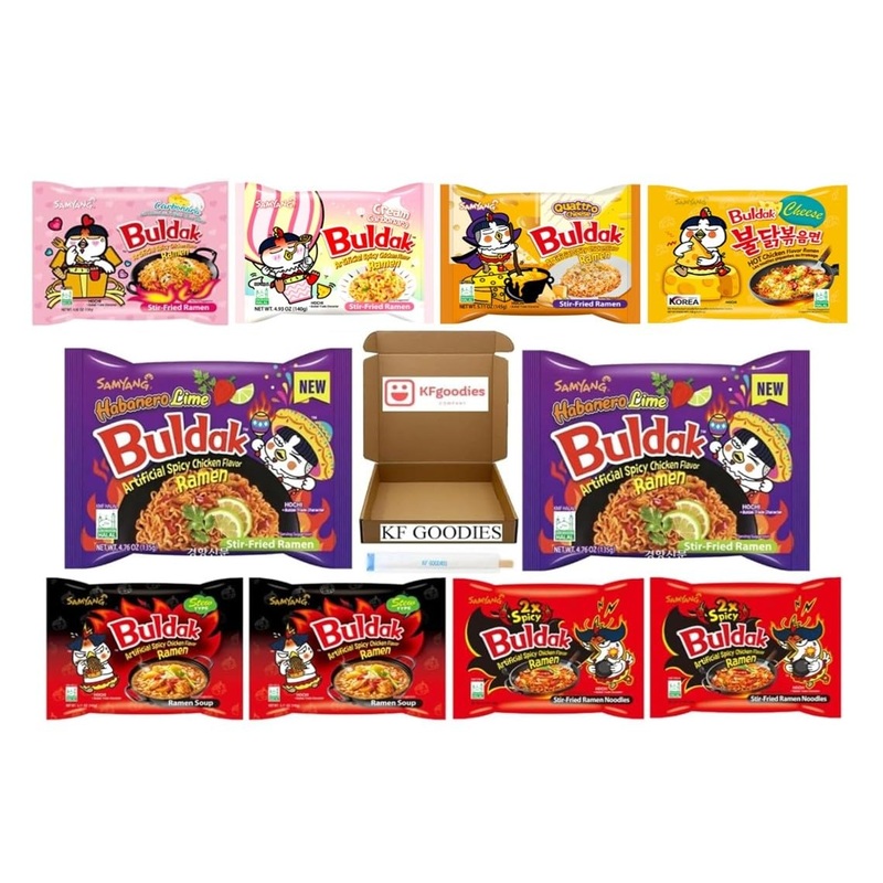 Samyang Buldak Hot Spicy Chicken Ramen Noodle Korean Stir-Fried Ramen (10, 2 2X Spicy, 2 Habanero Lime, 2 Stew, 1 Carbonara, 1 C