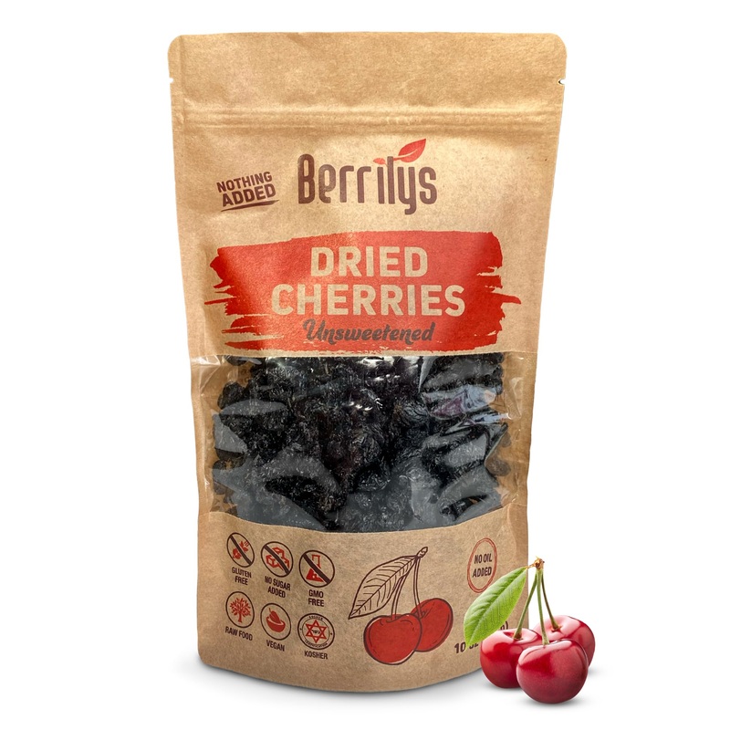 Berrilys Dried Dark Sweet Cherries, No Added Sugar, 10 Oz, Pitted, Unsulfured, Sweet Cherry, Unsweetened, No Preservatives, Non-