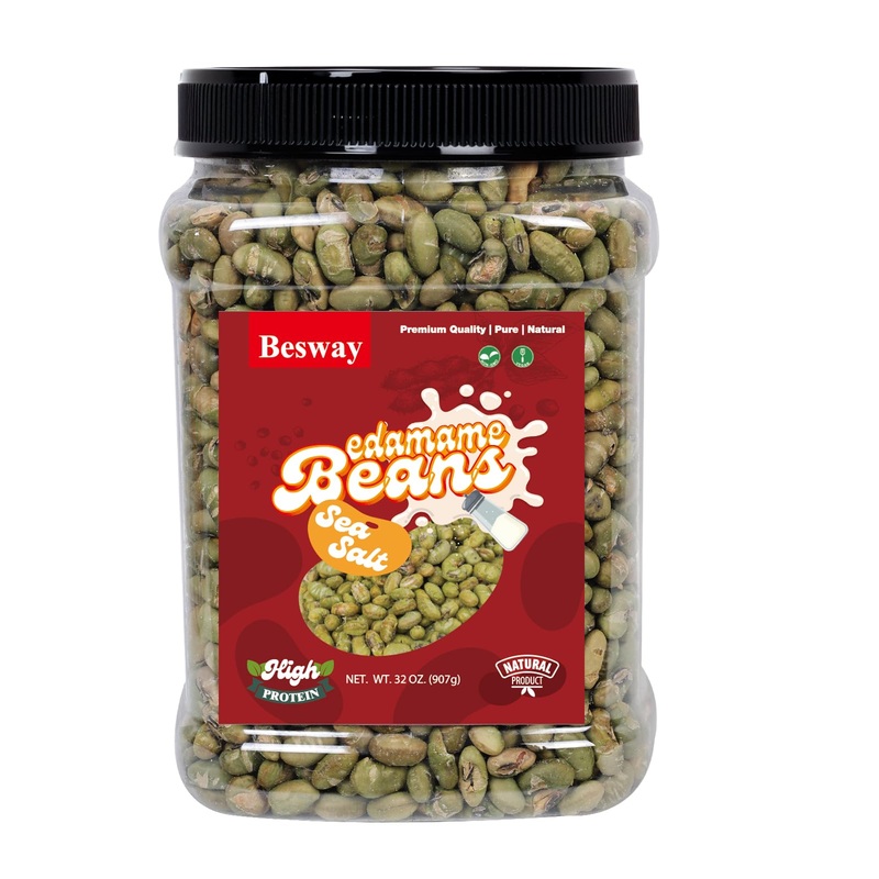 Besway Sea Salt Dry Roasted Edamame 2 Lb, High Protein Crunchy Snack, Non-Gmo, Vegan, Gluten-Free, Transparent Plastic Jar 906 G