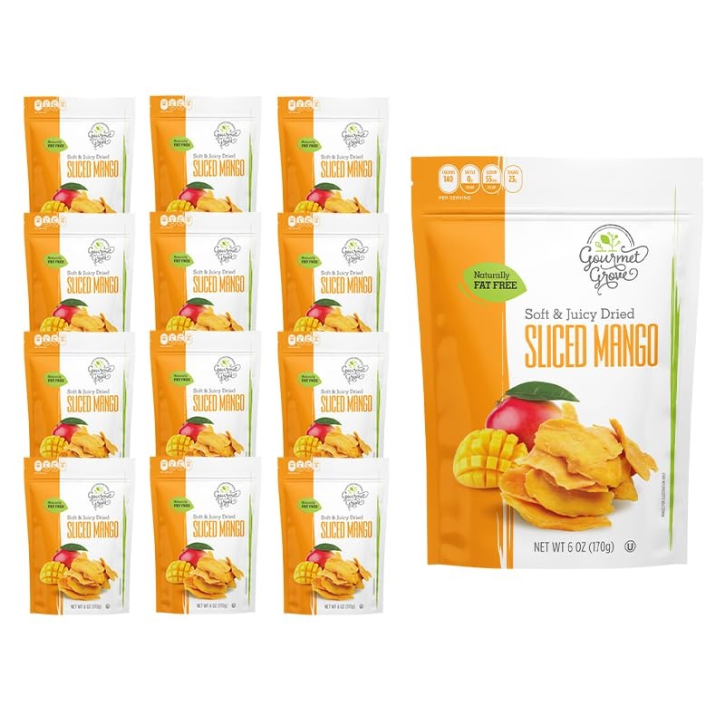 Gourmet Grove – Sliced Mango 6 Oz Snack Packs | Soft, Juicy, Natural Dried Mango Slices | Lightly Sweetened (Pack Of 12)