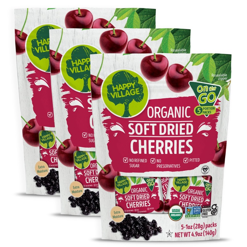 Happy Village Organic Soft Dried Cherries On The Go – 3 Bags (15 Individual Portion Packs) | Healthy, Organic, Non-Gmo, Vegan, K