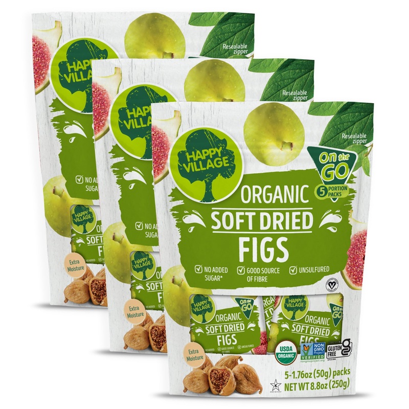 Happy Village Organic Soft Dried Figs On The Go – 3 Bags (15 Individual Portion Packs) | Healthy, Organic, Non-Gmo, Vegan, Koshe