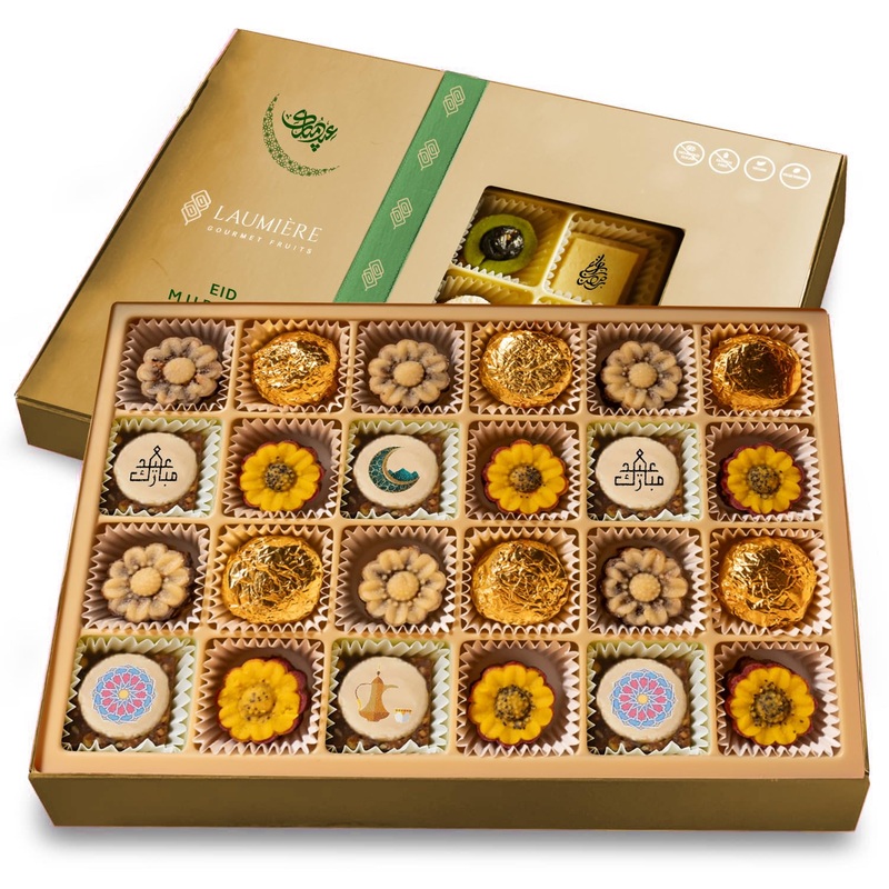 Laumiere Gourmet Fruits – Noor Collection [Eid Edition] – Rectangle (24 Pcs) – Halal Dried Fruits And Nuts Basket – Medjool Date