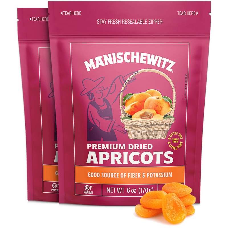 Manischewitz Premium Dried Apricots 6Oz (2 Pack) ”Resealable Bag”, Gluten Free, No Sugar Added, Good Source Of Fiber, Kosher