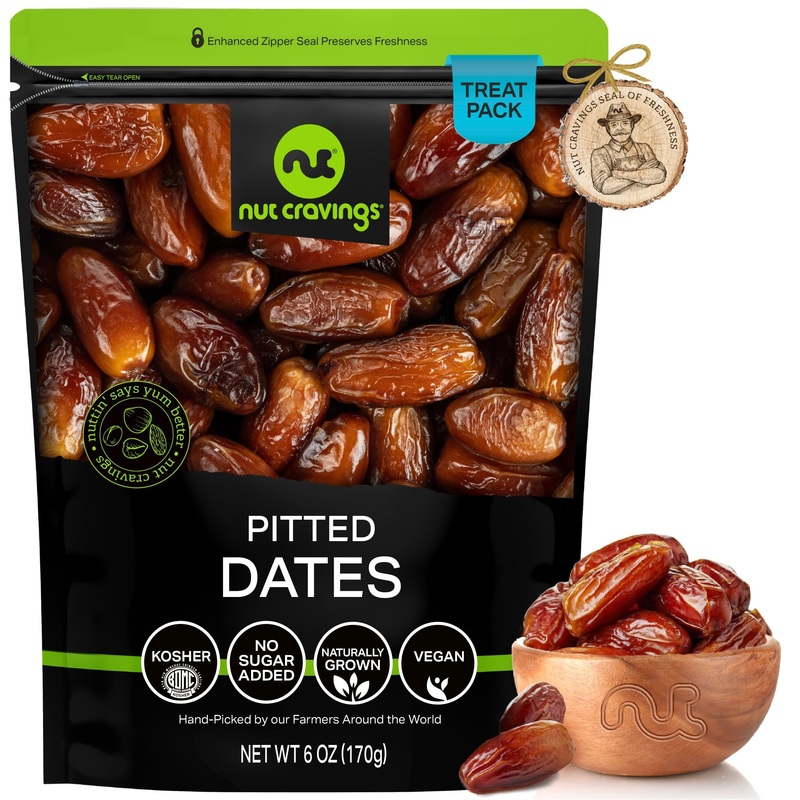 Nut Cravings Sun Dried Deglet Noor Dates, Pitted, No Sugar Added, 6oz Resealable Bag – Healthy Vegan Snack, Kosher Certified