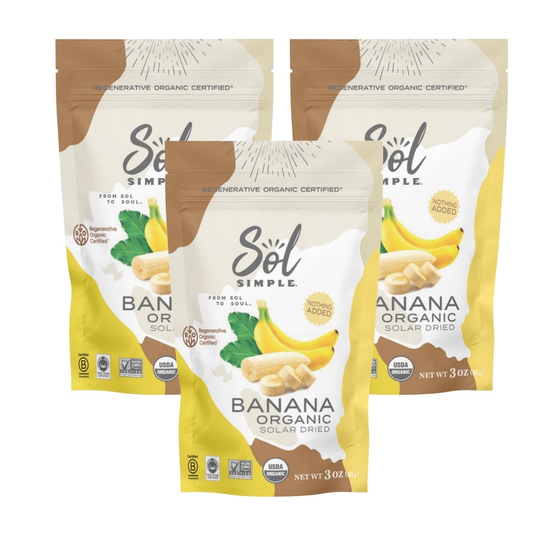 Sol Simple Regenerative Organic Certified, Dried Banana | 3Oz Snack Pack (3 Bags Total) | Dried Fruit | Vegan | Non-Gmo | No Add