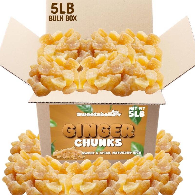 Sweetaholic Crystallized Ginger Chunks – 5 Lb Bulk Bag – Non-Gmo, Kosher, Sugar-Coated Dried Ginger – Spicy Sweet Snack For Dige