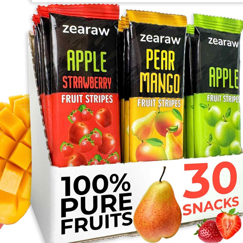 Zearaw Healthy Fruit Snacks For Adults And Kids – 30 Organic Fruit Leather With Dried Apple, Apple-Strawberry, Pear-Mango – Vega