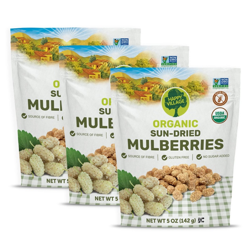 Happy Village Organic Dried Mulberries, Sun-Dried White Mulberry, 15 Oz (3 Packs Of 5 Oz) – No Added Sugar, Non-Gmo And Kosher C