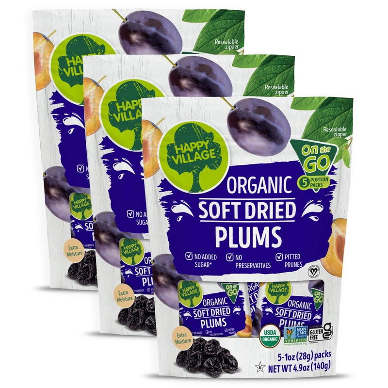 Happy Village Organic Soft Dried Prunes (Plums) On The Go – 3 Bags (15 Individual Portion Packs) | Organic, Non-Gmo, Gluten-Free