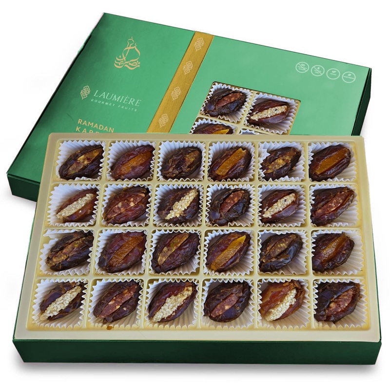Laumiere Gourmet Fruits – Noor Collection [Ramadan Edition] – Rectangle (24 Pcs) – Halal Dried Fruits And Nuts Basket – Medjool