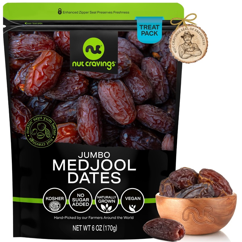 Nut Cravings Jumbo Medjool Dates, No Sugar Added, 6oz Resealable Bag – Healthy Vegan Snack, Kosher Certified, Sun Dried