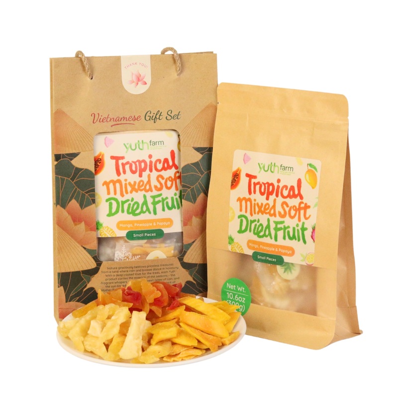 Yuth Farm Tropical Mixed Dried Fruit – Mango, Pineapple, Papaya, Natural Soft Dried Fruit Gift Set 300G (10.6 Oz) – Small Pieces