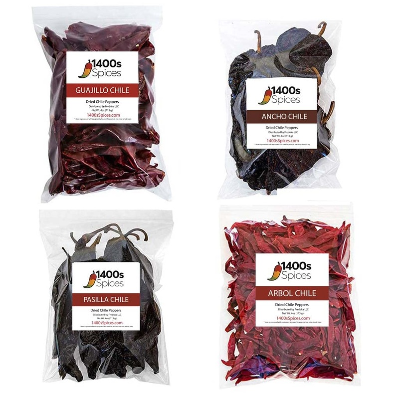 Dried Chiles Peppers 4 Pack Bundle – Chile Guajillo Stemless, Ancho, Pasilla And Arbol By 1400S Spices