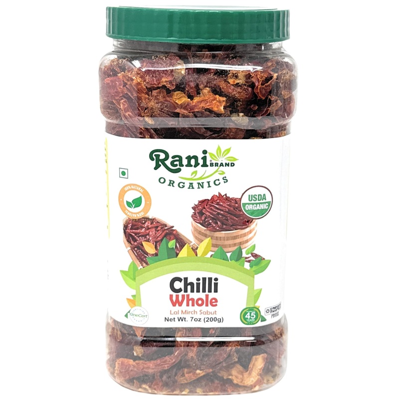 Rani Organic Chilli Whole (Lal Mirch Sabut) 7Oz (200G) Pet Jar ~ All Natural | Vegan | No Colors | Gluten Friendly | Non-Gmo | K