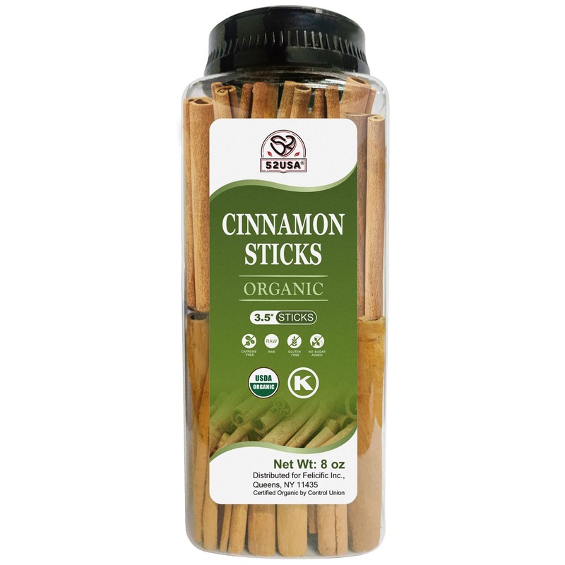 52Usa Organic Cinnamon Sticks, Cinnamon 8Oz (226G), Cinnamon Sticks Whole, 100% Raw, Usda & Kosher Certified, Gluten Free, Non-G