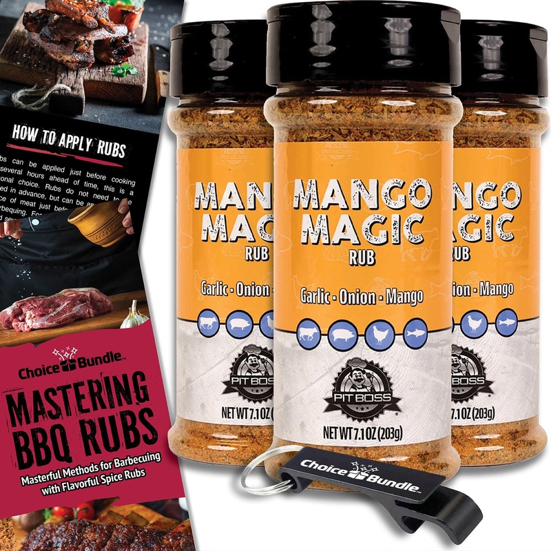 Pit Boss Mango Magic Premium Bbq Barbecue Mixed Seasoning Spice & Dry Rub 3 Pk Choice Bundle (21.3 Oz) + Guide & Keychain Bottle