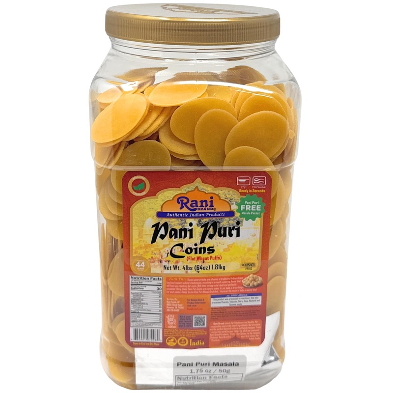 Rani Pani Puri Coins (Uncooked, Microwaveable Wheat Semolina Coins) 64Oz (4Lbs) W/Pani Puri Masala (14-Spice Blend For Indian Sp