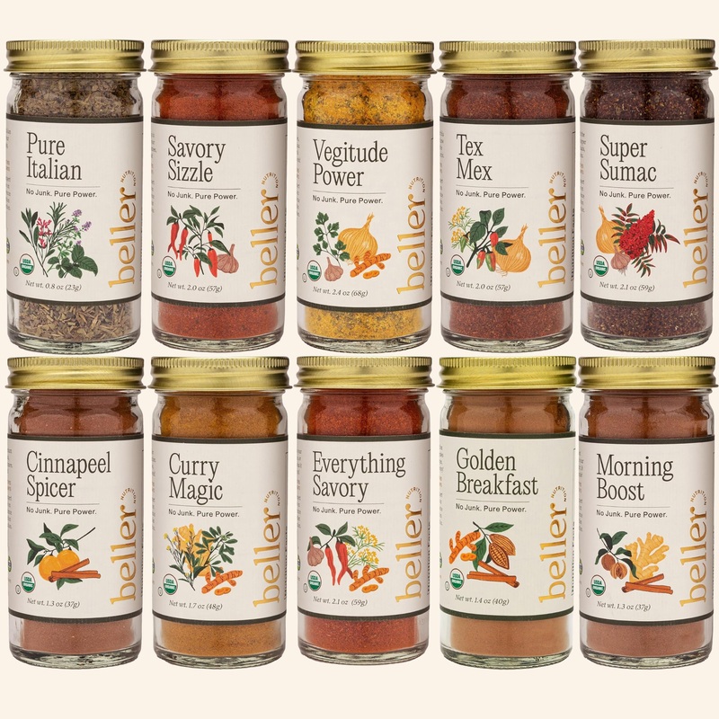 Beller Nutrition Organic Spice Blend Collection | 10-Pack | Morning Boost, Super Sumac, Tex Mex, Vegitude, Cinnapeel, Everything