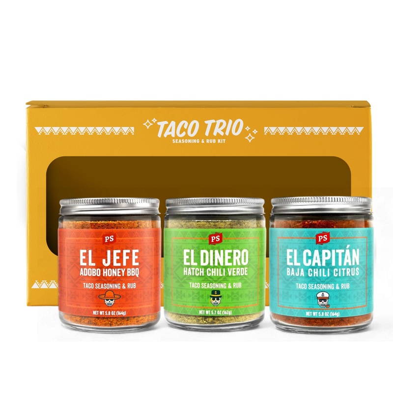 Ps Seasoning Taco Box – El Jefe, El Dinero, El Capitan – Complete Taco Tuesday Seasoning Kit & Bbq Dry Rub Variety Pack – Unique