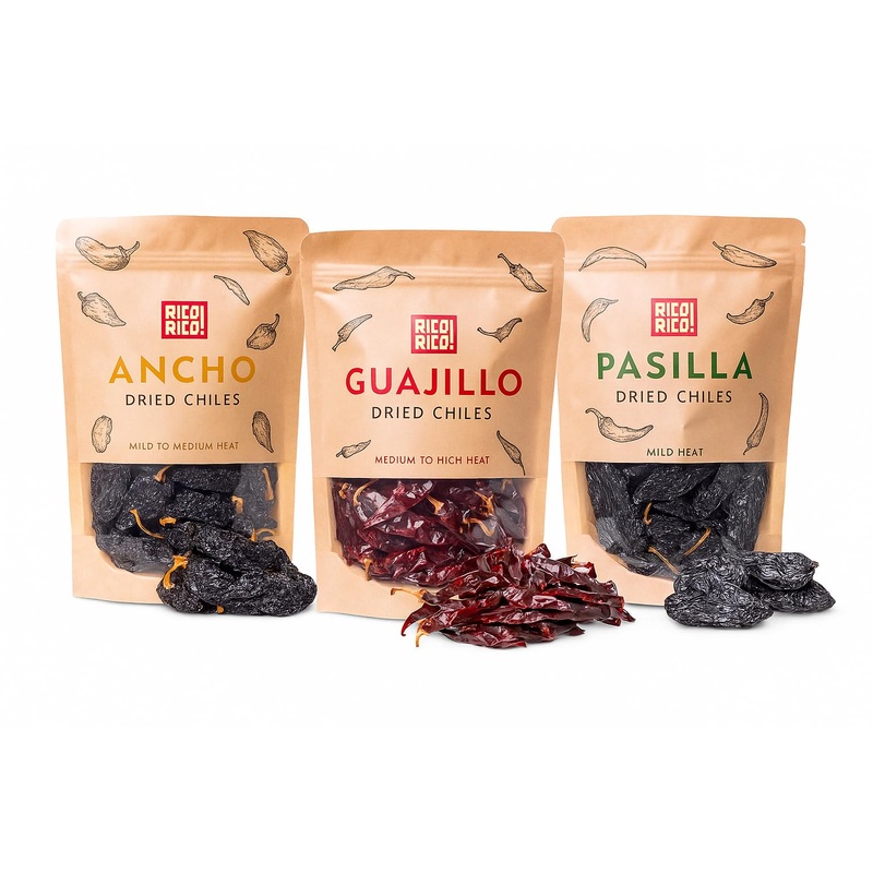 Rico Rico Dried Chile Peppers 3 Pack (12 Oz) – The Holy Trinity – Ancho, Guajillo & Pasilla Chiles For Authentic Mexican Recipes