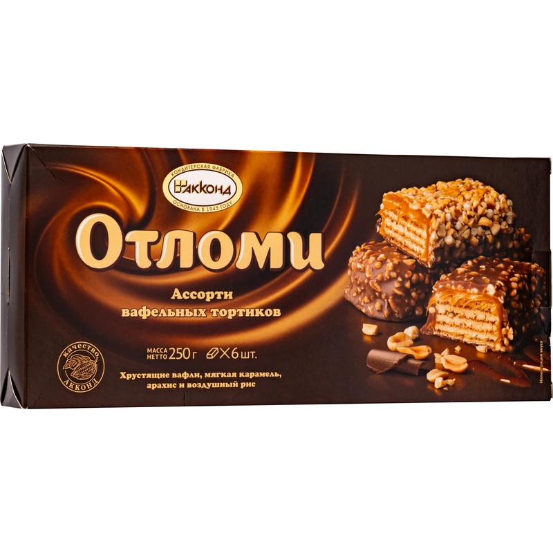 Akkond, ”Otlomi” Assorted Waffle Cakes With Milk Chocolate, Soft Caramel, Peanuts & Crispy Rice, Pack Of 6, 250G/8.82Oz