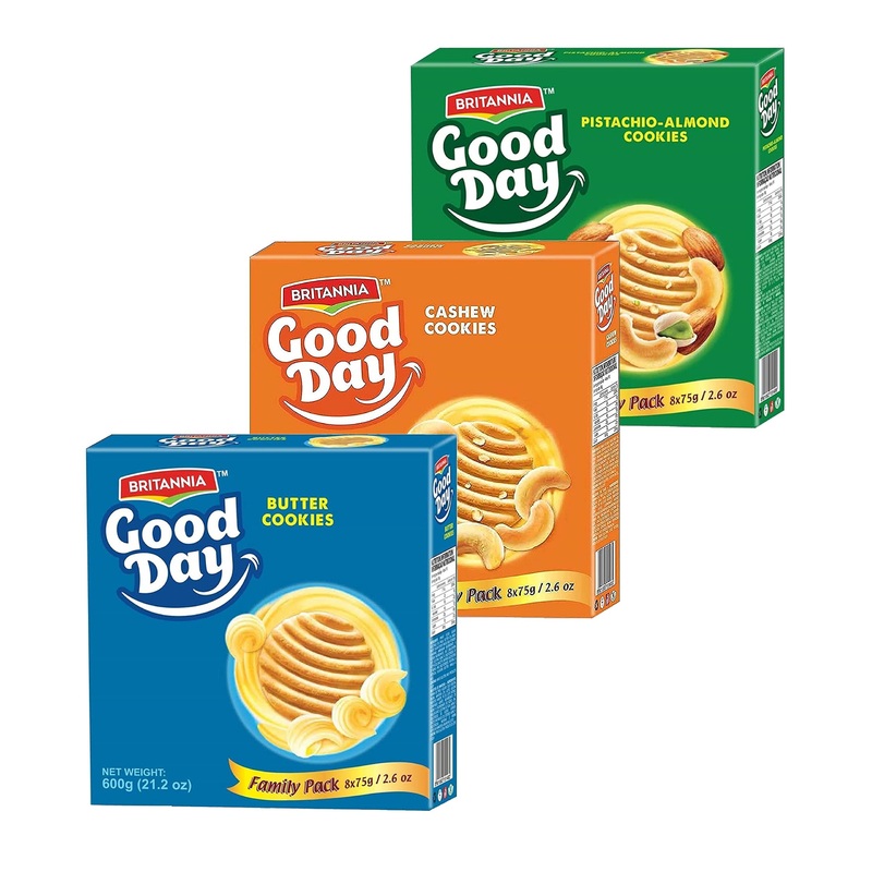 Britannia Good Day Pistachio/Almond, Cashew & Butter 21.2Oz (600G) Combo Pack – Breakfast & Tea Time Snacks (Pack Of 1 Each)