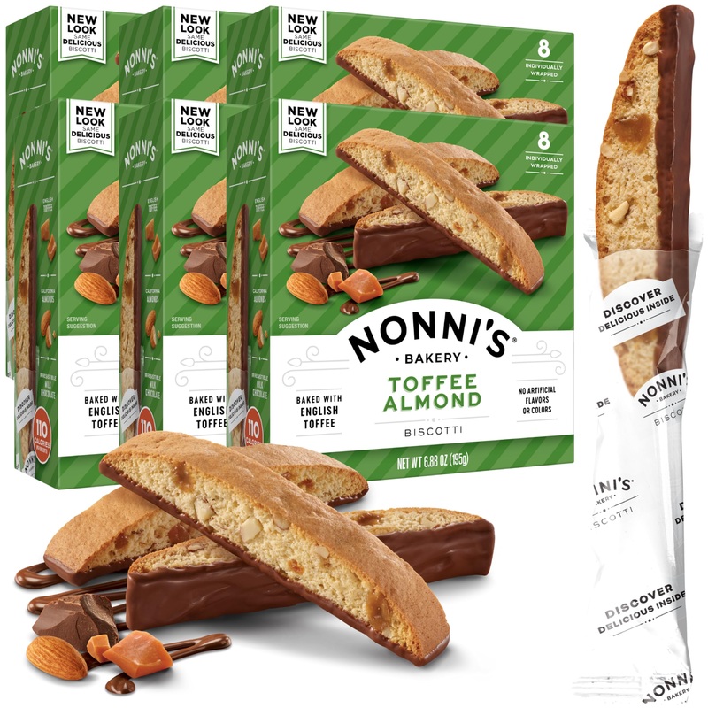 Nonni’S Toffee Almond Biscotti Italian Cookies – 6 Boxes Biscotti Cookies W/English Toffee Bits – Biscotti Individually Wrapped