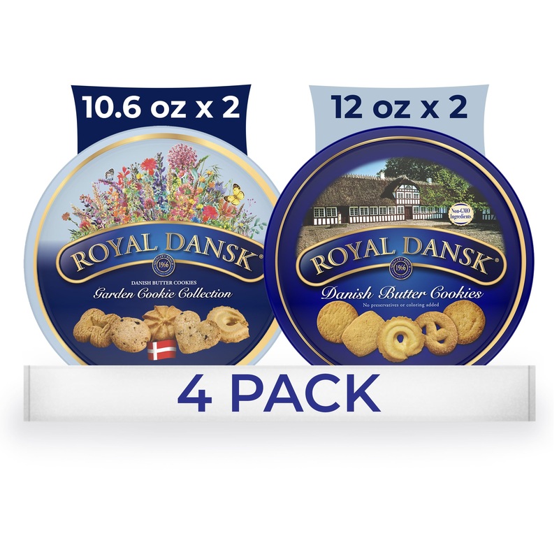 Royal Dansk Garden Cookie Collection & Danish Butter Cookies, 4-Pack, Includes Two 12 Oz And Two 10.6 Oz Tins