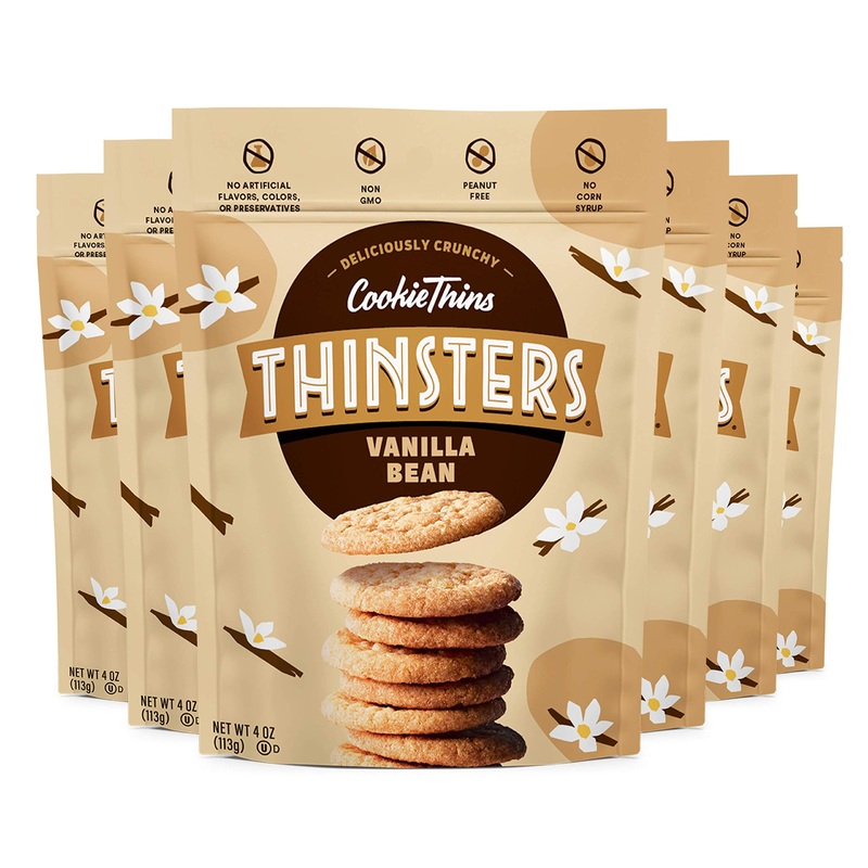 Thinsters Cookie Thins Cookies, Vanilla Bean, 4Oz (Pack Of 6), Non-Gmo, Peanut Free, No Corn Syrup, Crunchy Cookies, No Artifici