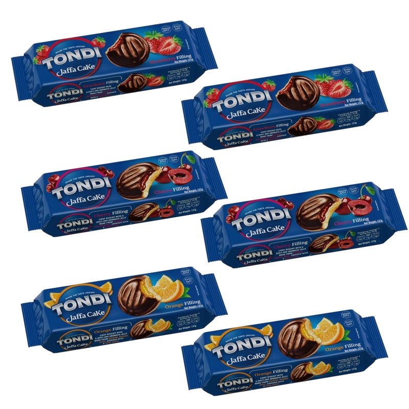 Tondi Variety 6 Pack European Biscuits, Jaffa Cakes 2 Orange Filling, 2 Strawberry Filling And 2 Cherry Filling 137G/Each