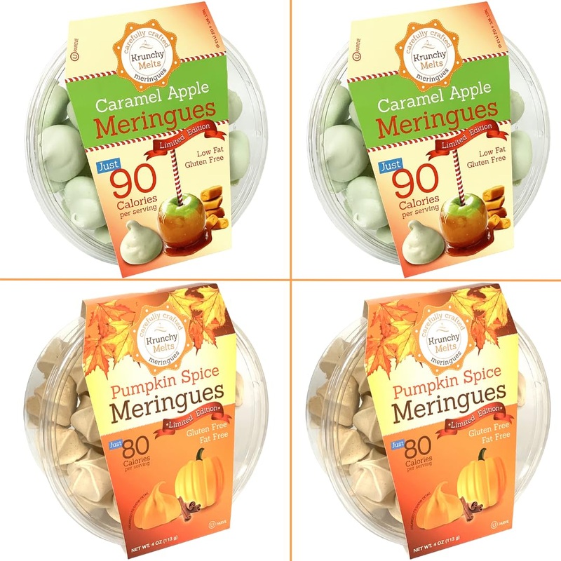 4 Pack Krunchy Melts Original Meringue Cookies | Harvest Season 4-Pack | 2 Caramel Apple, 2 Pumpkin Spice | Only 80-90 Calories