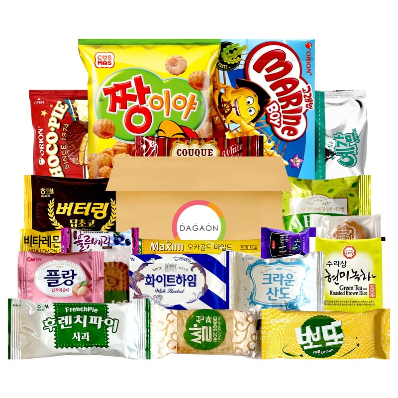 Dagaon Flavorful Mini Korean Snack Box – 20 Count – Variety Of Korean Treats Including Chip, Biscuits, Cookies, Pies, Candies. S