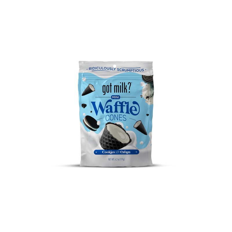 Got Milk Mini Waffle Cones, Cookies And Cream, 4.24 Oz. / 119G Resealable Bag, Delicious White Chocolate Filled Cocoa Waffle Co