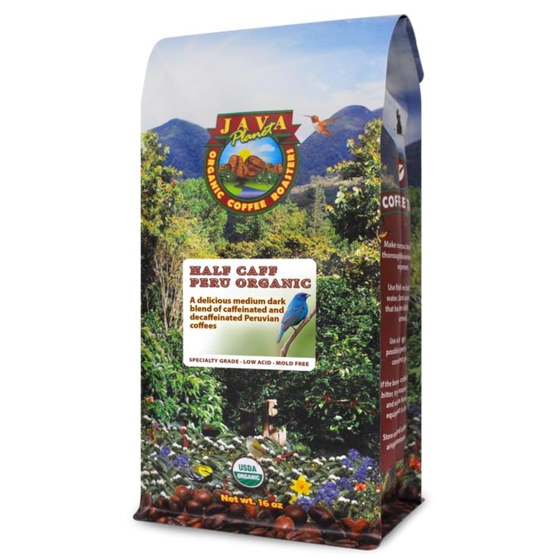 Java Planet -Half Caff Peru Low Acid Organic Coffee Beans, Medium Dark Roast, Arabica Gourmet Coffee Grade A, Packaged In 1 Lb B