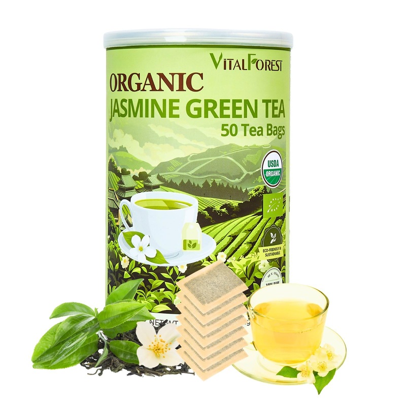 Organic Jasmine Green Tea Bags| 50 Count Unbleached Eco-Conscious Jasmine Tea Bags| Vitalforest Te Verde Organico Natural Green