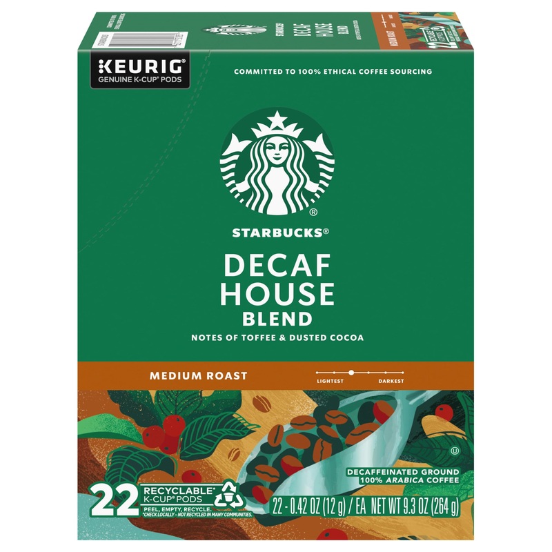 Starbucks K-Cup Coffee Pods, Medium Roast Coffee, Decaf House Blend For Keurig Coffee Makers, 100% Arabica, 1 Box (22 Pods)